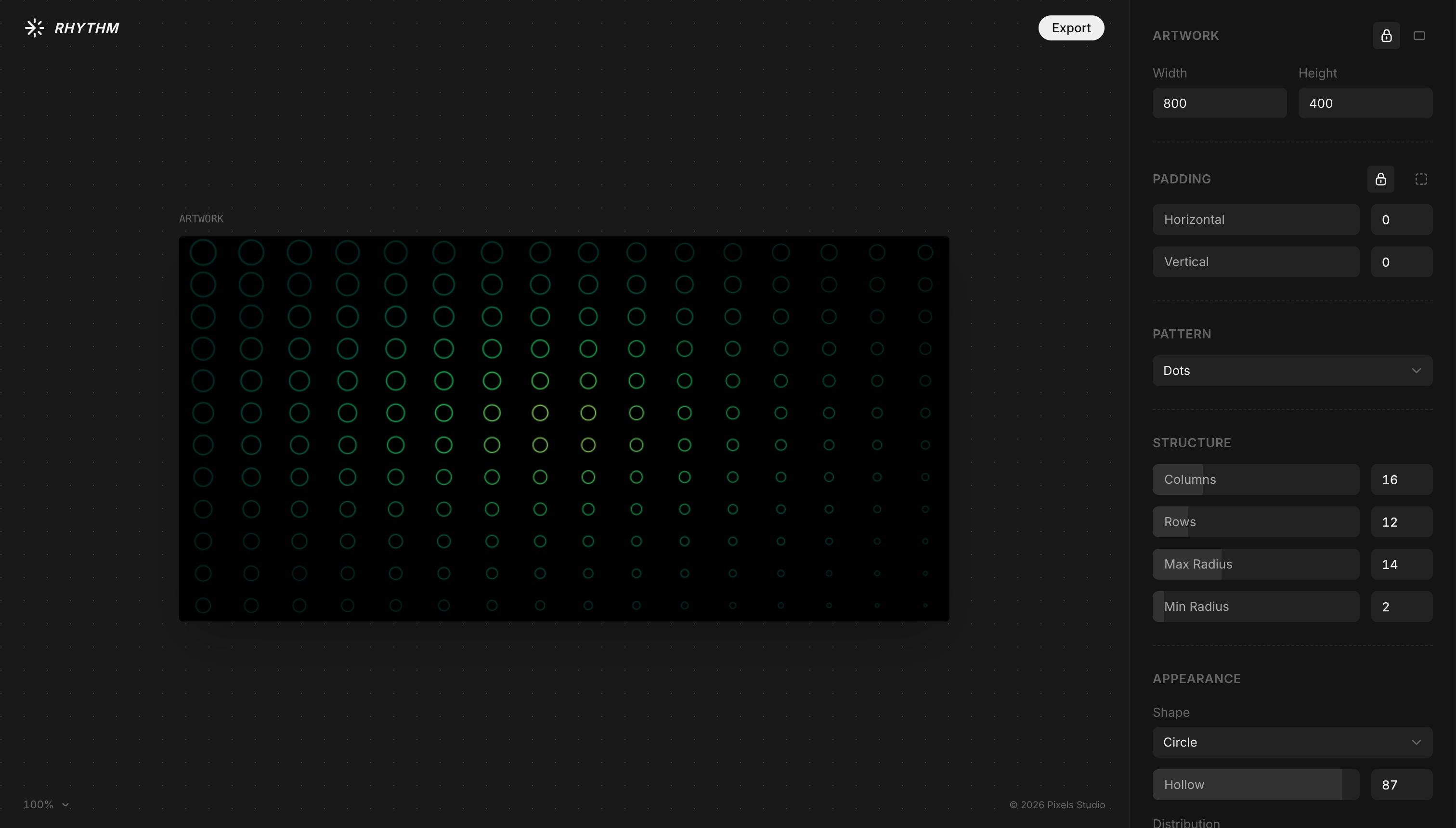 Rhythm playground interface showing pattern generation with real-time controls